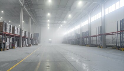 Obraz premium Misty Refrigerated Warehouse with Pallet Racking in a Calm Atmosphere