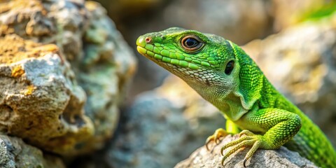 Fototapeta premium A green lizard is seen scaling a rugged stone wall, its scaly skin blending into the surrounding rock , Rock Climbing Animal, Outdoor Adventure