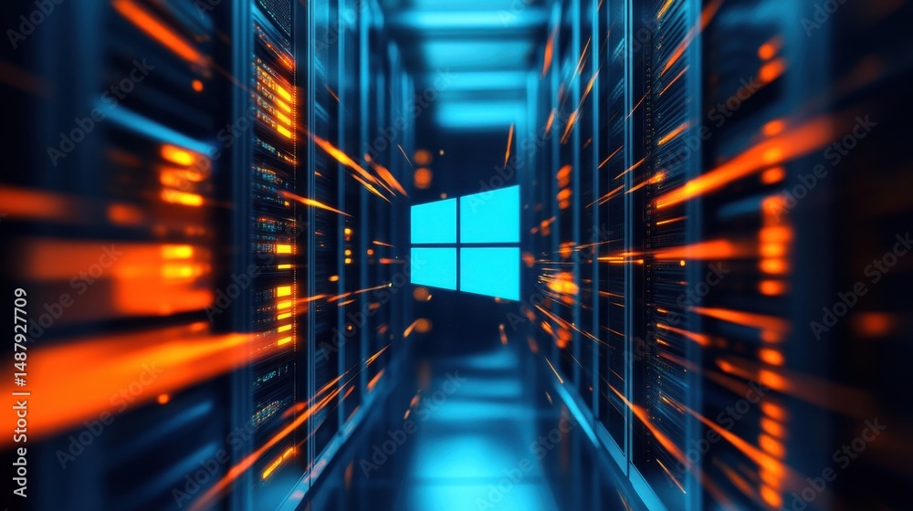 Aufkleber windows logo displayed in a futuristic server room corridor, showcasing vibrant orange and blue ligh