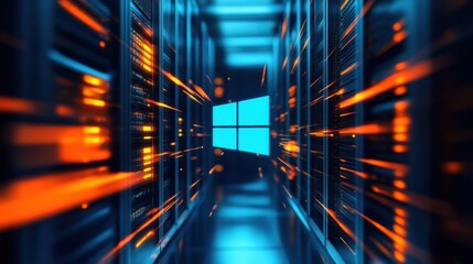 Windows logo displayed in a futuristic server room corridor, showcasing vibrant orange and blue lighting effects, emphasizing data transfer speed and technological advancement. : Generative AI