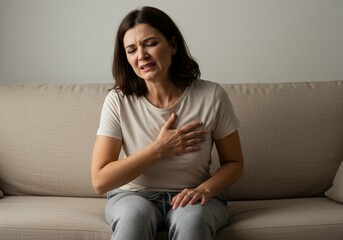 A woman clutches her chest, visibly in distress, possibly experiencing chest pains while at home.