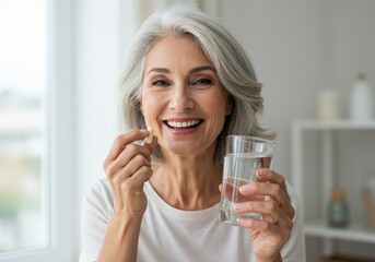 A happy senior woman taking a vitamin pill with a glass of water, smiling brightly.