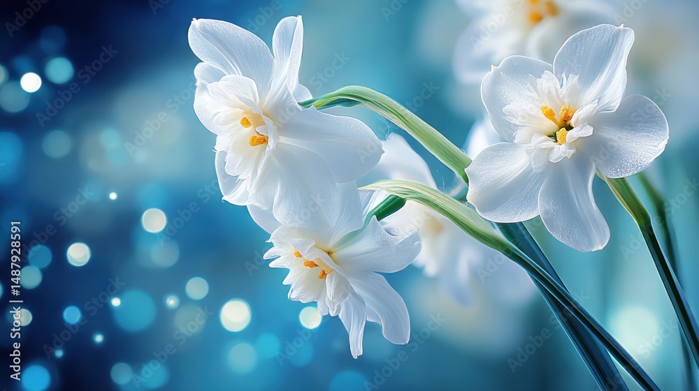 Aufkleber close-up of three pristine white daffodils, delicately arranged, showcasing their intricate details 