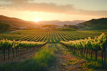Fototapeta premium Vineyard rows stretch to the horizon during a beautiful golden sunset. It's ideal for wine, travel, agriculture, or landscapes themed content.