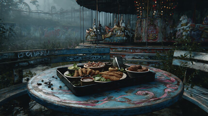 Surreal keto picnic: grilled chicken, avocado, nuts, eggs on a distressed tray. Set on a broken carousel horse in an abandoned amusement park with weeds & graffiti