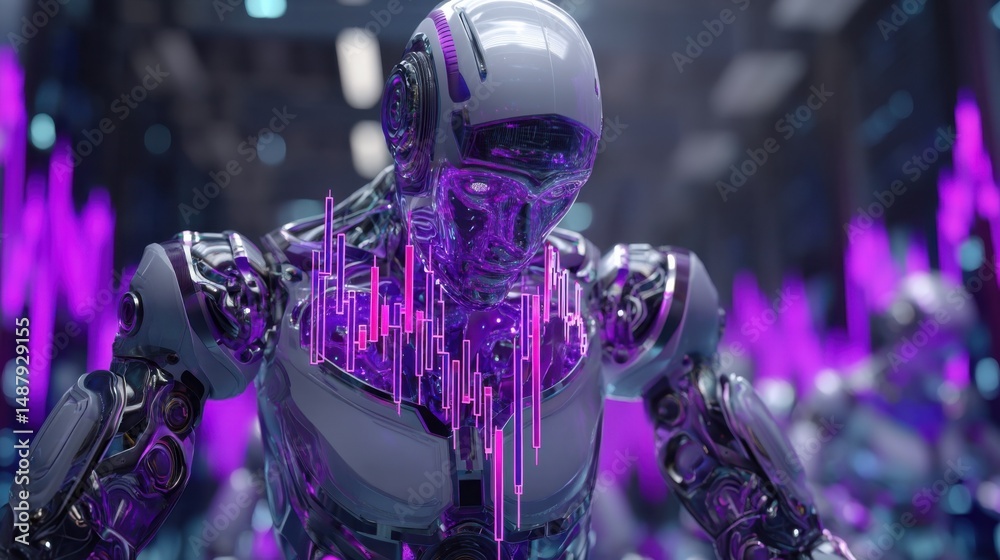 Aufkleber a futuristic chrome robot analyzes financial data, its transparent body displaying vibrant purple ca