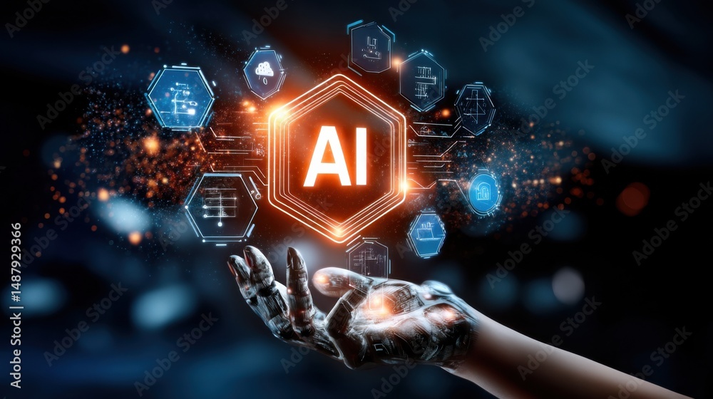 Poster Robotic hand presenting AI technology interface with glowing hexagons displaying various digital icons and data streams, futuristic concept. : Generative AI