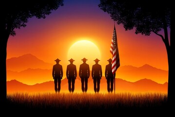 a realistic photo of military honor guard lowering the flag at sunset
