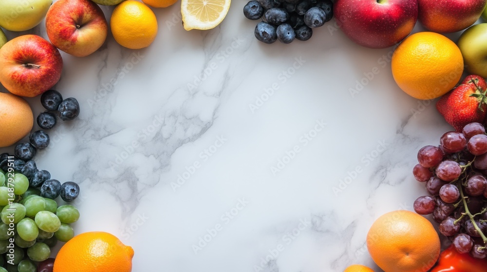Aufkleber A vibrant arrangement of fresh fruits and berries forms a circular border on a marble surface, leaving a central space for text or design elements. : Generative AI