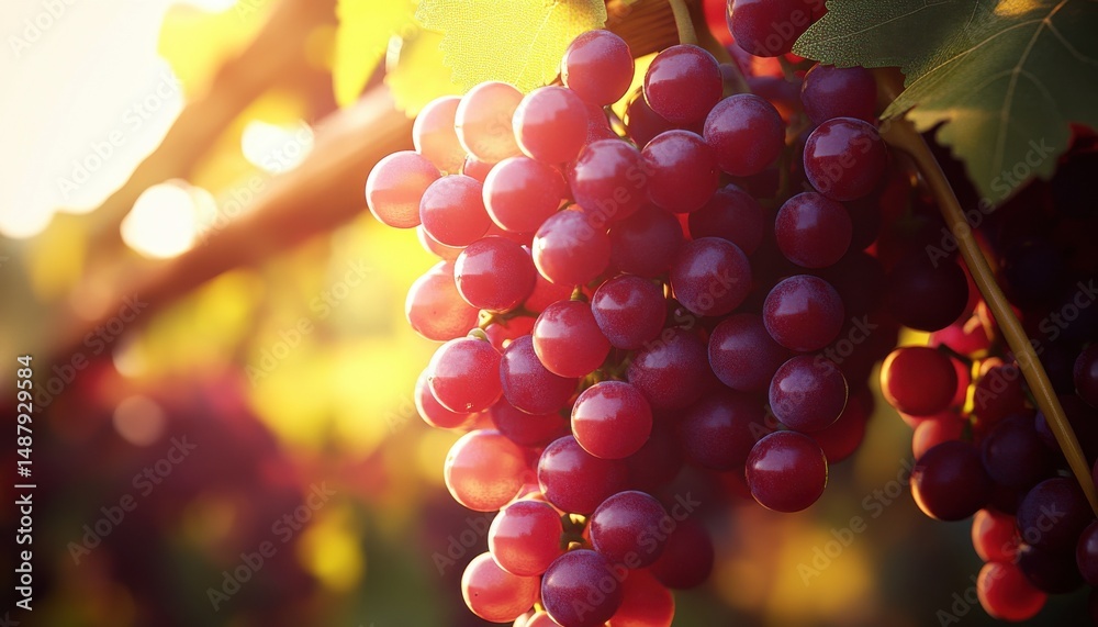 Poster a cluster of ripe red grapes hangs from a vine, bathed in the warm golden light of the setting sun. 