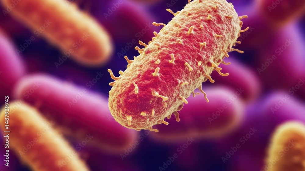 Poster Microscopic view of a single bacterium, rod-shaped with numerous fimbriae, surrounded by a blurred background of similar microorganisms in varying shades of orange and purple. : Generative AI