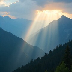 aerial view of a vibrant rainbow arching over misty mountain peaks after rainfall, sun rays breaking through clouds, ultra hd, sharp focus on prismatic colors, 16:9 ratio, natural lighting, zero digit