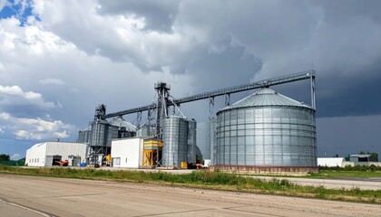 Obraz premium Minimalist Grain Silo Interior With Machines Under Stormy Skies