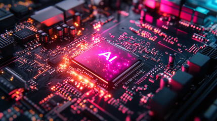 Obraz premium The word AI on a microchip on a computer board with neon lighting