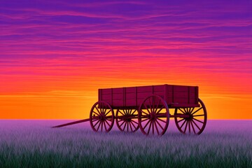 Fototapeta premium a realistic shot of a handcart silhouetted against a sunrise over a prairie
