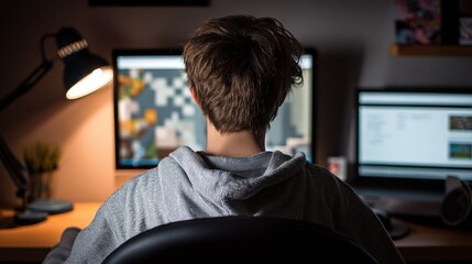 Teenager sits in a chair at his desk, focused on a computer screen in a dimly lit room, illuminated by a desk lamp. : Generative AI