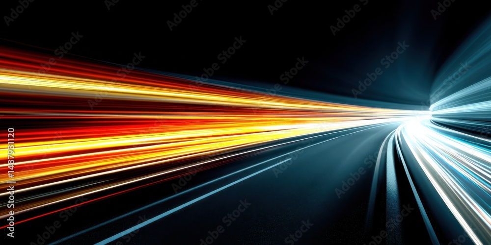Aufkleber abstract speed and motion: dynamic light trails on a night road, representing fast travel and techno