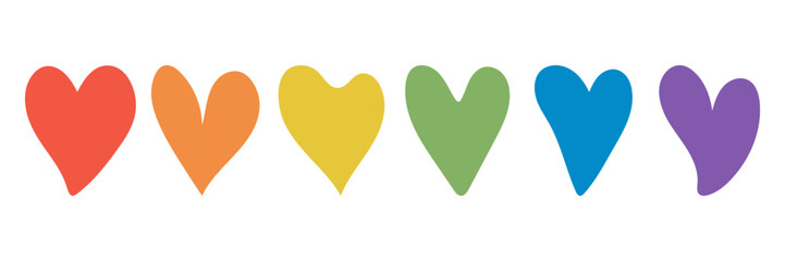Cute hand drawn hearts in rainbow colors. Lgbtq heart love symbol. Fun modern illustration for stickers, t-shirts, cards, equality themes, banner, pride month event