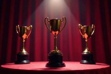 Elegant awards ceremony, gold trophies on stage, bright, celebratory, presentation