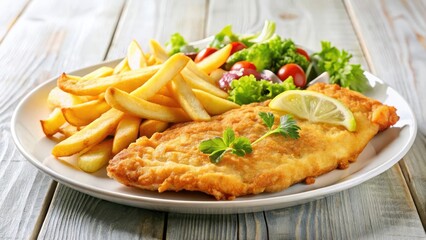 Fresh golden-battered fish fillet served on a white plate with crispy fries and a side salad, seafood, fried