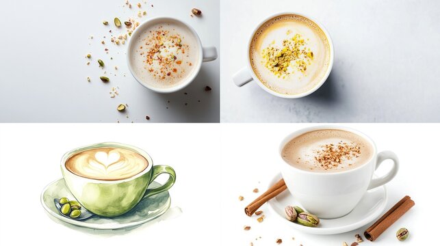 Four images of pistachio-topped latte drinks in white cups on white backgrounds
