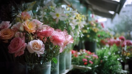 A bouquet of pink and peach roses sits in a plastic sleeve at a flower market, other flowers blurred in the background. : Generative AI