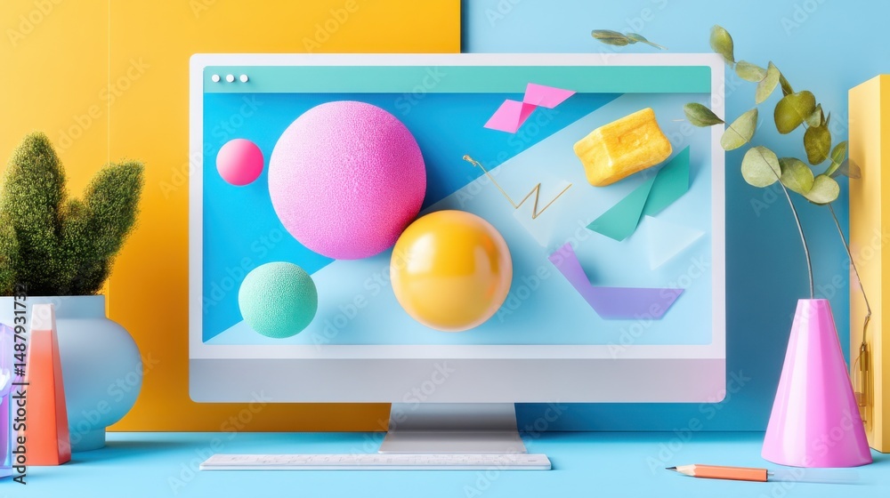 Poster Vibrant 3D spheres and geometric shapes displayed on a computer screen, set against a backdrop of yellow and blue, complemented by plants in modern vases. : Generative AI