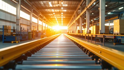 Obraz premium Modern Warehouse Conveyor Belts During Golden Hour with No People