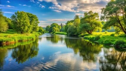 Fototapeta premium A smooth flowing river in a serene landscape with lush greenery and trees surrounding it, foliage, scenery, foliage, scenery