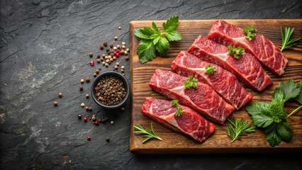 Wagyu beef slices artfully arranged near black pepper and green herbs on a wooden board, beef