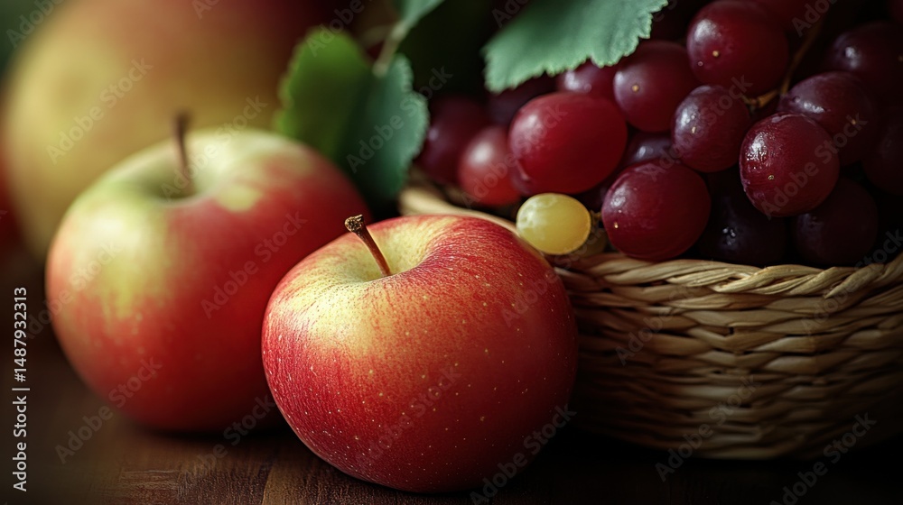 Poster close-up of ripe red apples and a basket of red grapes, showcasing the vibrant colors and textures o