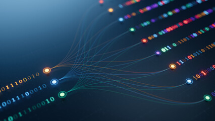 Neural network, Artificial intelligence, Big data, Data stream. 3d illustration
