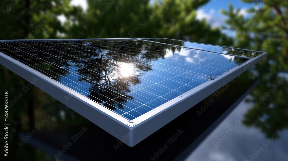 Poster close-up view of a modern solar panel reflecting sunlight and trees, showcasing its sleek design and