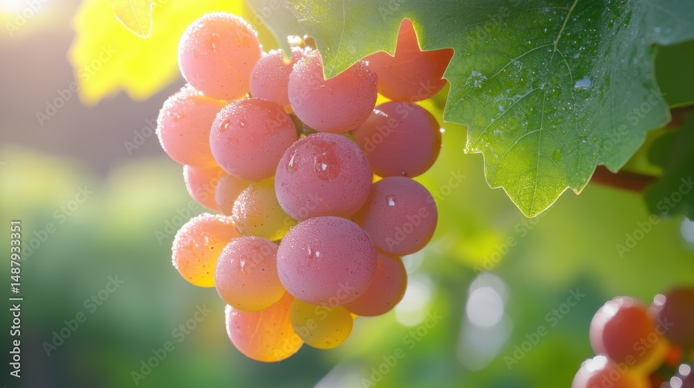 Poster Close-up of a dewy bunch of pink grapes hanging from a vine, sunlight illuminating the scene, showcasing the vibrant color and texture of the fruit. : Generative AI