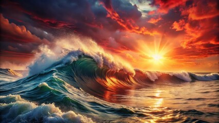 Ancient red sea with waves breaking, water splashing and sunlight shining through, passage, sunlit,  passage, sunlit