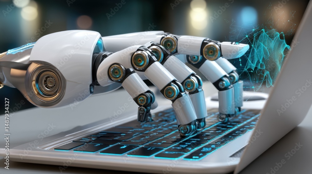 Aufkleber Robotic hand using a laptop computer, futuristic technology concept.  AI automation, digital transformation, and artificial intelligence themes. : Generative AI