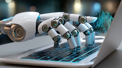 Robotic hand using a laptop computer, futuristic technology concept.  AI automation, digital transformation, and artificial intelligence themes. : Generative AI