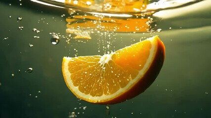Orange slice plunges into water creating dynamic splash and bubbles. Segment descends through liquid as air bubbles rise dramatically around the fruit in slow motion against green-tinted background. - Powered by Adobe