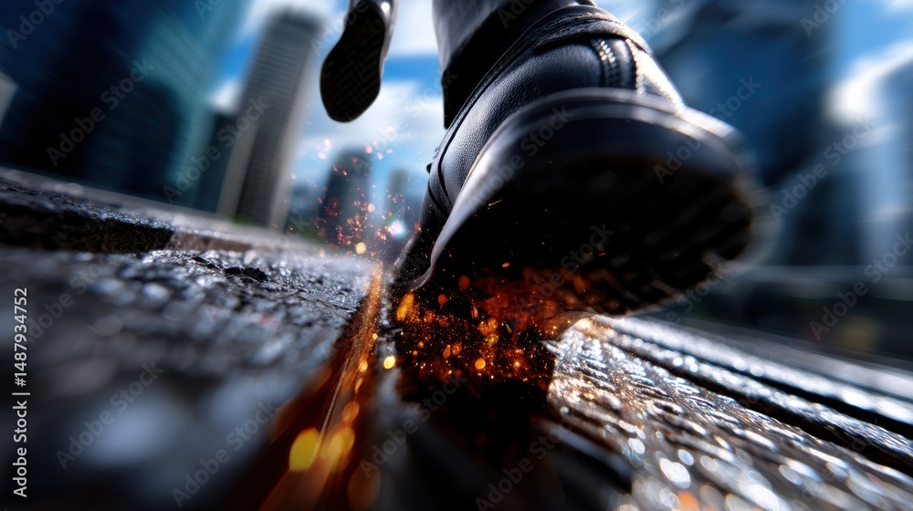 Aufkleber a close-up shot of a person's shoe igniting sparks as they walk on a dark, textured surface, with a 