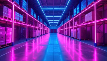 Fototapeta premium Vibrant Neon-Lit Fulfillment Center with Pallet Racking and Glow