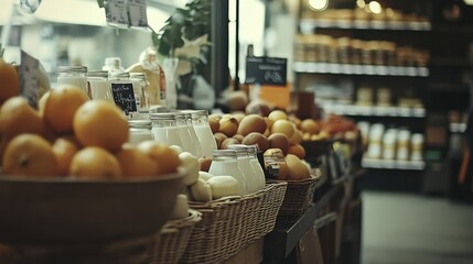 Fresh oranges and milk bottles displayed on a market stall, showcasing a vibrant and healthy food selection in a local grocery store. : Generative AI