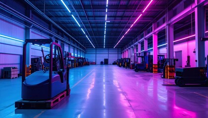 Fototapeta premium Neon Lit Warehouse with Vehicle Parts and Pallet Jacks at Dusk