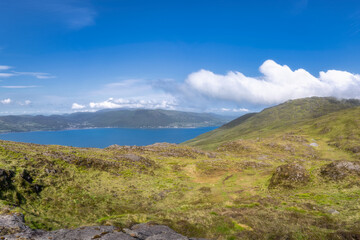 An absolutely stunning view showcases the lush green hillsides seamlessly meeting a serene blue sea, beautifully dotted with fluffy clouds and vibrant nature all around, Carlingford, Ireland