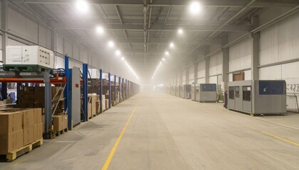 Organized Warehouse Interior with Machines and Dusty Environment