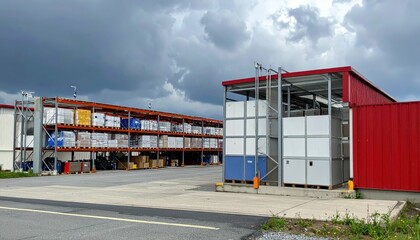 Obraz premium Organized Chemical Storage Warehouse with Shelving Units Under Stormy Skies