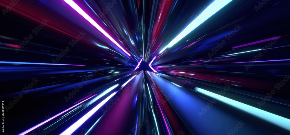 Poster Abstract neon light streaks converge at a central vanishing point, creating a dynamic and futuristic tunnel effect with vibrant pink, blue, and purple hues. : Generative AI