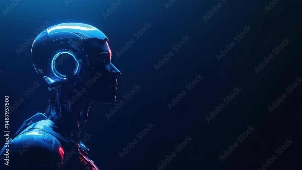 Poster a person wearing a futuristic suit and headphones, possibly representing a character from a science 