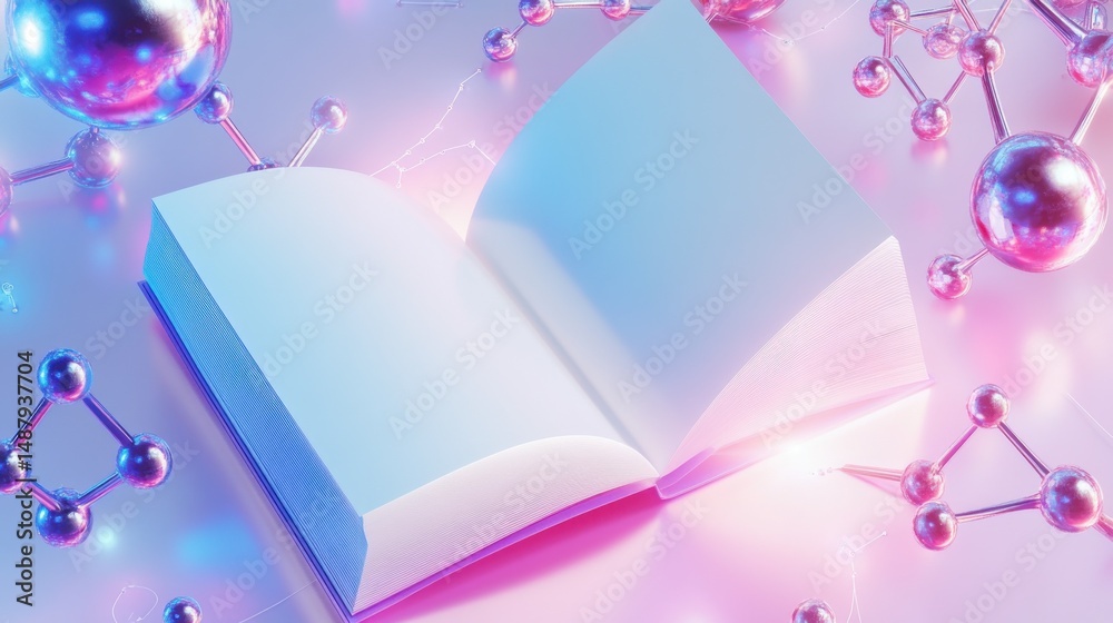 Poster open book with blank pages, surrounded by iridescent metallic molecular structures, glowing in pink 