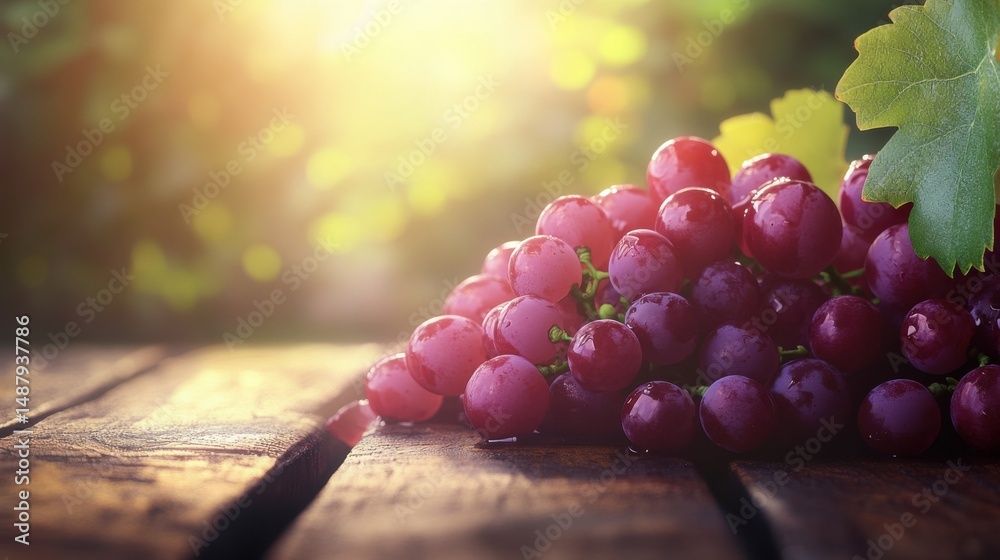 Poster a cluster of ripe red grapes rests on a rustic wooden table, bathed in warm sunlight, with a blurred