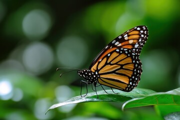Naklejka premium A monarch butterfly with vibrant orange and black wings delicately perched on a lush green leaf, showcasing intricate details against a softly blurred natural background. : Generative AI